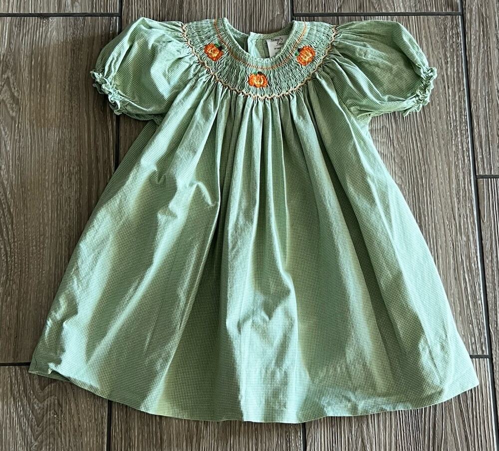 Simply Smock of New York Halloween Fall Pumpkin Dress Green Gingham Girls 24 mth